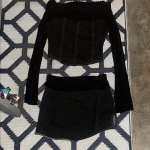 Black 2 piece denim & cashmere Off-Shoulder Skirt Set